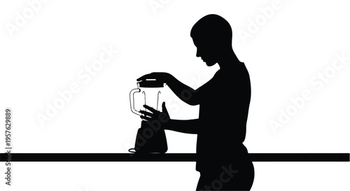 Silhouette of woman preparing coffee with coffee maker in kitchen at home in morning