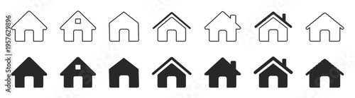 House and home icon set, minimal outline and solid residential building symbols, simple real estate property vector collection isolated on transparent background