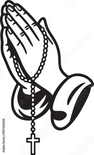 Praying hands holding rosary beads symbolizing faith hope and religious devotion in simple graphic art