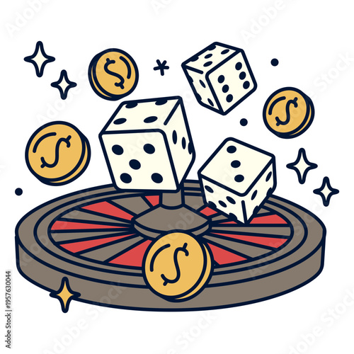 Roulette wheel with dice and coins