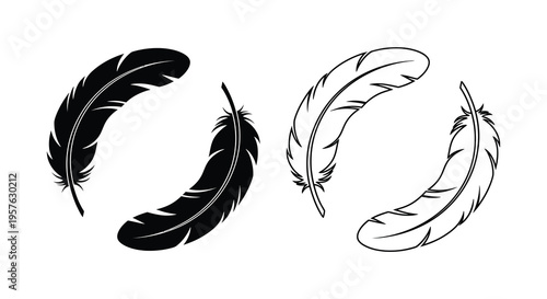 Floating feathers depicted in a minimalist black and white design silhouette high quality