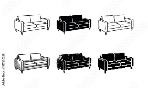 Collection of six different sofa illustrations in various styles and textures