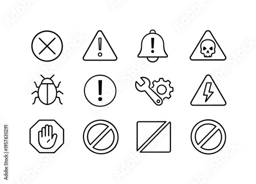 Line style vector icons of Error warning icons: error, warning, alert, danger; fail, issue, problem, bug; stop, block, forbid,