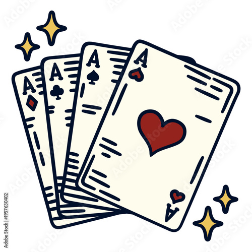 Four playing cards with a heart in the middle