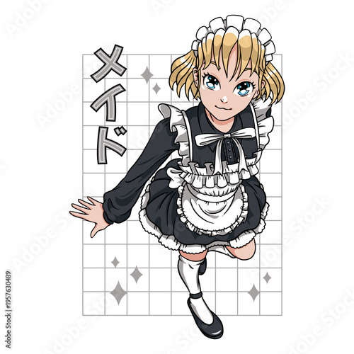 Girl in a maid costume is standing in front of a grid