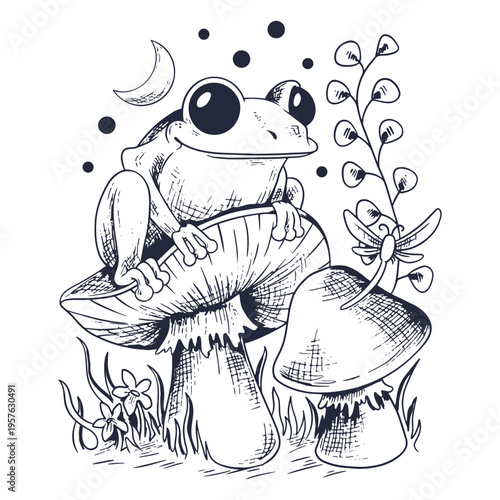 Black and white drawing of a frog sitting on a mushroom