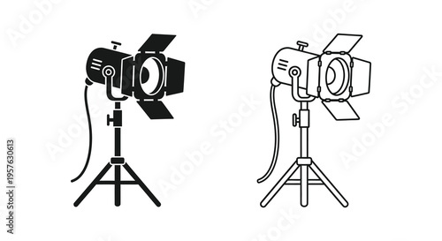 Two vintage stage lights depicted in a stark black silhouette