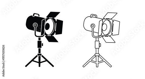 Two vintage stage lights depicted in a striking black silhouette