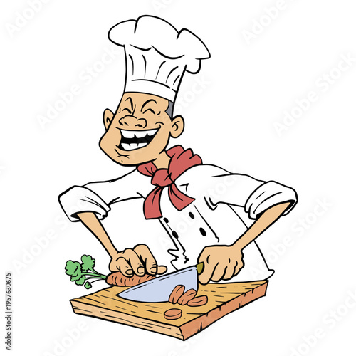 Cartoon chef chopping vegetables on a cutting board