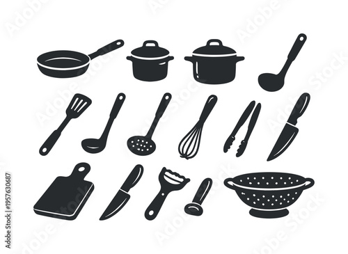 Solid vector icons of cooking utensils: frying pan, saucepan, stockpot, spatula, ladle, slotted spoon, whisk, tongs, cutting