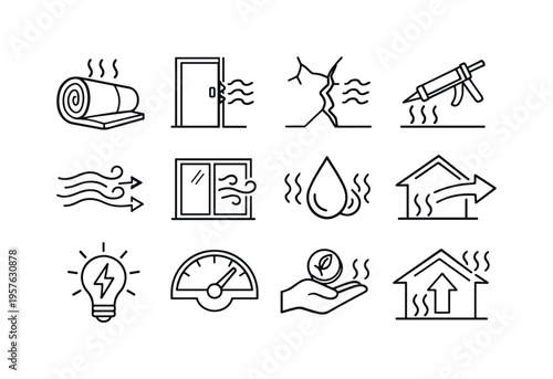 Line style vector icons of heat loss detection: insulation, gap, crack, seal; airflow, draft, leak, escape; energy, efficiency,