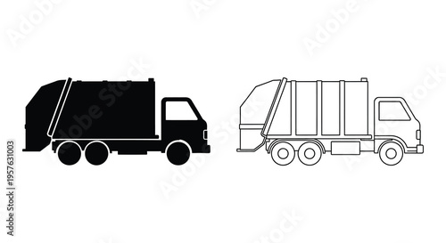 Two garbage trucks depicted in contrasting shades a stark silhouette