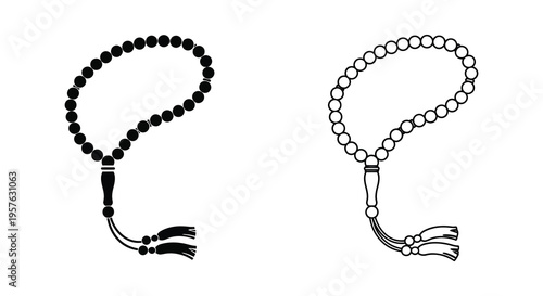 Two islamic prayer beads misbaha displayed in black and white silhouette