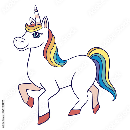 White unicorn with a rainbow mane standing