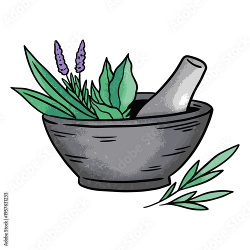 Stylish mortar and pestle with herbs design