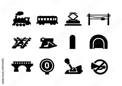 Solid vector icons of railway journey: locomotive, railcar, pantograph, overhead wire, track switch, buffer stop, milepost,