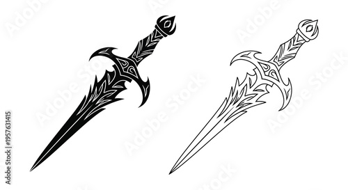 Two ornate daggers depicted in a striking black and white silhouette