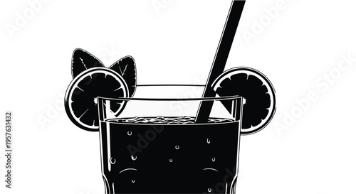 Fresh juice or cocktail glass silhouette with lemon slices and mint leaves isolated on white background