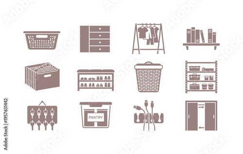 Plastic storage basket, multi section drawer box, freestanding garment rack, wall book ledge, accordion file organizer, hallway