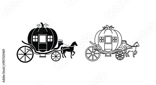 Two ornate pumpkin carriages pulled by horses in a black silhouette