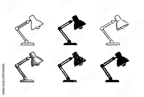 Collection of six different desk lamp illustrations in various styles and textures