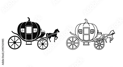 Two black and white illustrations of horse drawn pumpkin carriages a classic silhouette