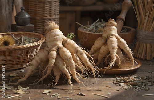 Fresh ginseng roots displayed on a wooden table with dried herbs and traditional tools, suggesting natural medicine preparation