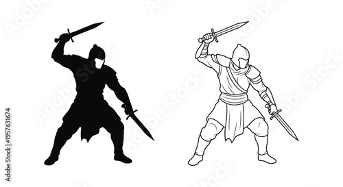 Two medieval knights with swords in contrasting styles a dark silhouette