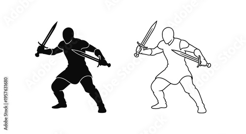Two warriors facing off with swords depicted in a striking silhouette