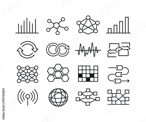 Line style vector icons of cyber security endpoint protection: interval line, signal node, signal mesh, variation bar, cycle line