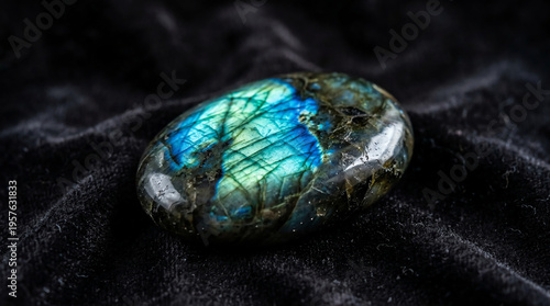 Polished labradorite palm stone showing brilliant blue-green schiller flash