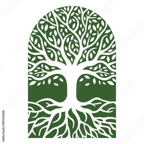 Green tree with roots in an arch