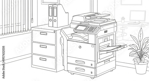 Office Copier Machine Illustration - A Detailed Line Art Depiction.
