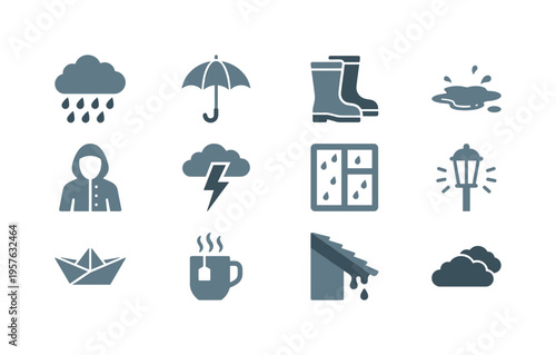 Rain cloud with heavy drops, open umbrella overhead, rubber rain boots pair, puddle splash on ground, person in raincoat,