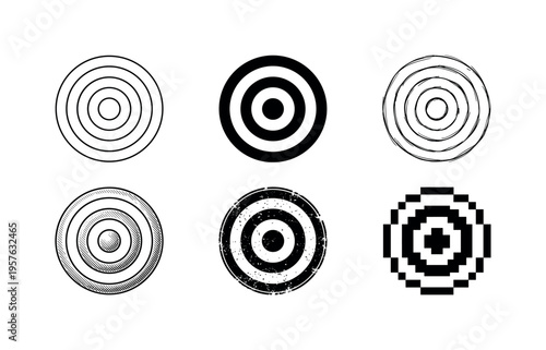 Collection of six different target and bullseye graphic designs in black and white
