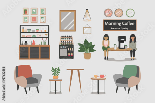 A stylish coffee shop interior with furniture decor and barista figures