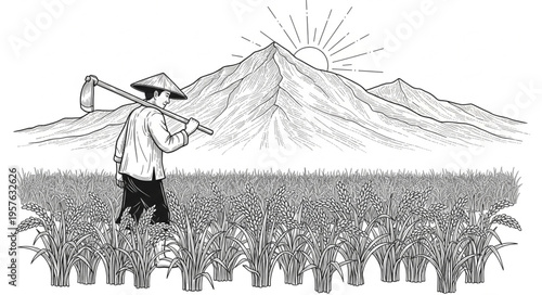 Farmer with Hoe in Field, Mountain Backdrop, Agriculture Illustration.