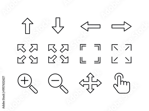 Line style vector icons of Core interface icons: arrowup, arrowdown, arrowleft, arrowright; expand, collapse, fullscreen, exit;