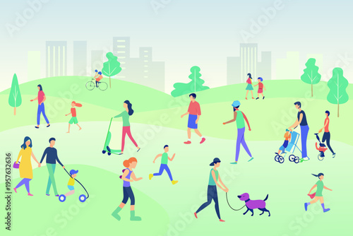 People enjoying a vibrant day in a colorful urban park setting