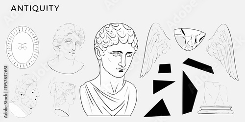Deconstructed classical bust and fragments in a black and white style