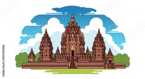 Prambanan Temple Illustration - A Majestic Javanese Architectural Marvel.