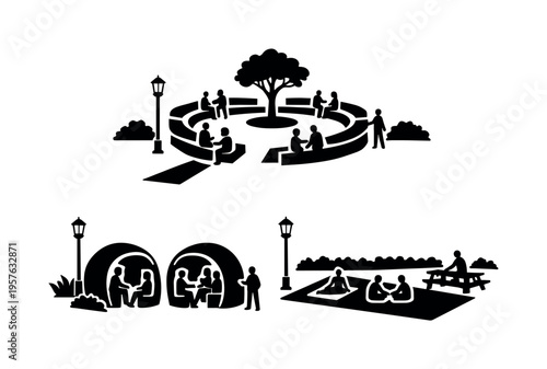 Solid vector icons of community-connection courtyards: open communal ring, conversation pods, flexible-use surface; greenery