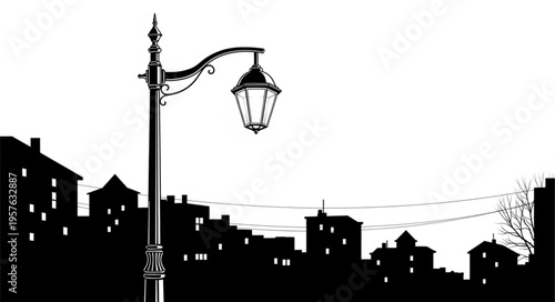 Silhouette of a classic street lamp in a cityscape.