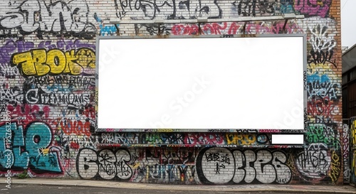 Blank Billboard On Vibrant Graffiti Covered Brick Wall Outdoor Advertising Space