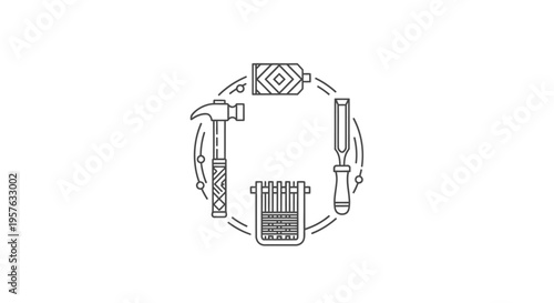 Circular Line Art Woodworking Tools Emblem, isolated white background
