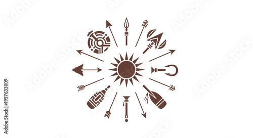 Circular Arrangement of Tribal Hunting Tools and Sun Symbol, isolated white background
