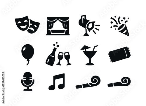 Solid vector icons of theatrical party: mask, stage, curtain, spotlight, party popper, balloon, champagne bottle, cocktail,