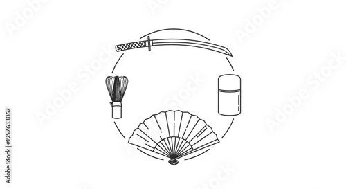 Japanese Traditional Culture and Tea Ceremony Line Icons Circle on Isolated White Background