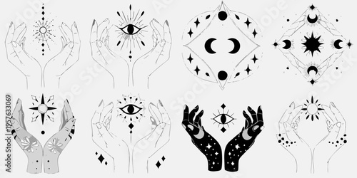 Celestial hands and geometric shapes a collection of minimalist mystical designs