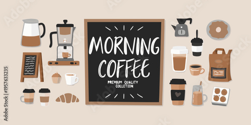 A flat lay illustration showcasing various coffee making tools and beverages